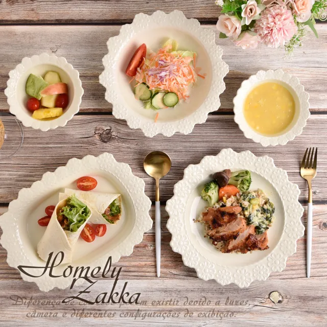 【Homely Zakka】MOMO獨家組合 法式浪漫花邊浮雕陶瓷餐盤碗餐具_5件組(湯盤 餐具 餐盤 盤子 器皿 碗盤)