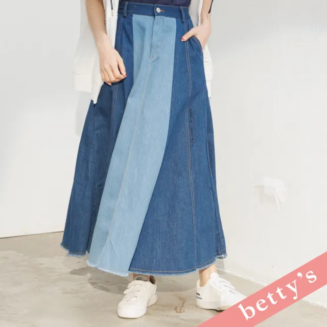 【betty’s 貝蒂思】腰鬆緊撞色鬚邊牛仔長裙(牛仔藍)