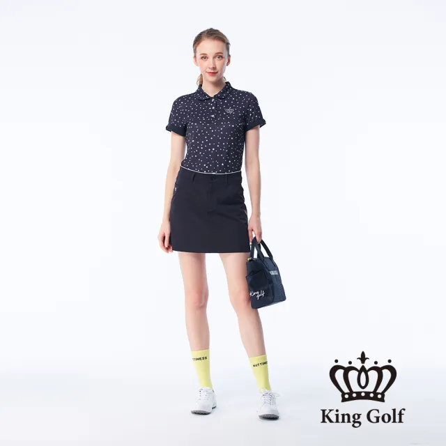 【KING GOLF】速達-網路獨賣款-女款KG刺繡星星印圖素面修身A LINE短裙/高爾夫球裙(丈青)