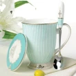 【JEN】英式條紋陶瓷馬克杯含蓋勺