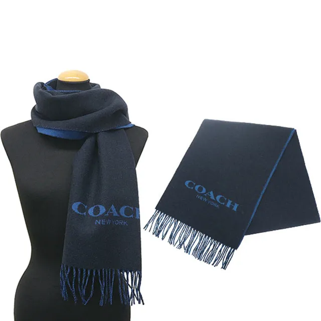 【COACH】海軍藍X藍雙面用羊毛流蘇圍巾