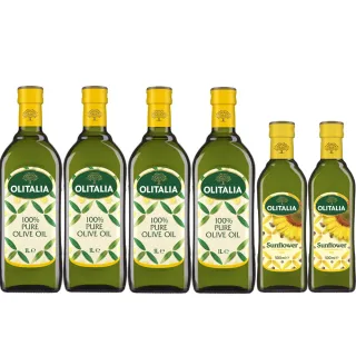 【Olitalia 奧利塔】純橄欖油1000mlx4瓶(+頂級葵花油500mlx2瓶-禮盒組)
