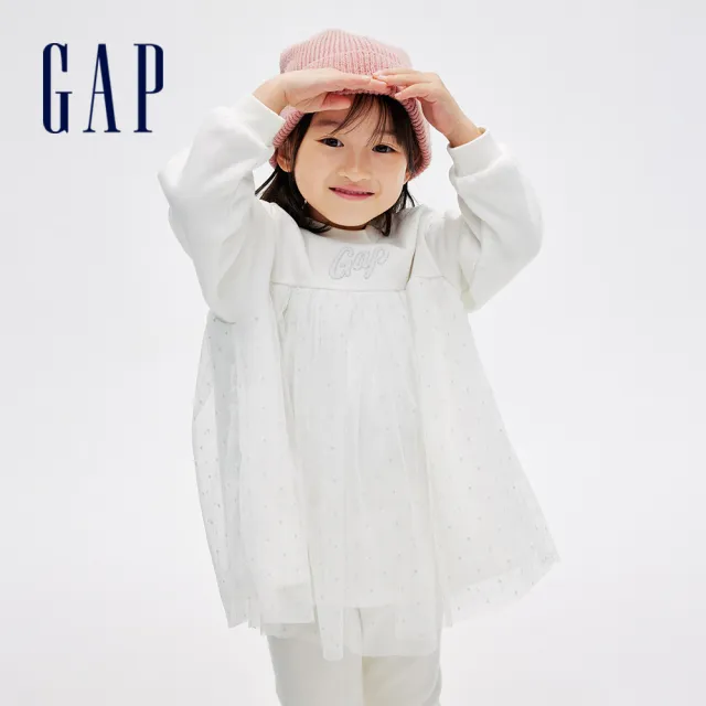 【GAP】女幼童裝 Logo圓領長袖洋裝-白色(837039)