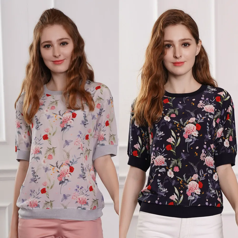 【Royal Silk】唯美花朵100%蠶絲雙縐上衣