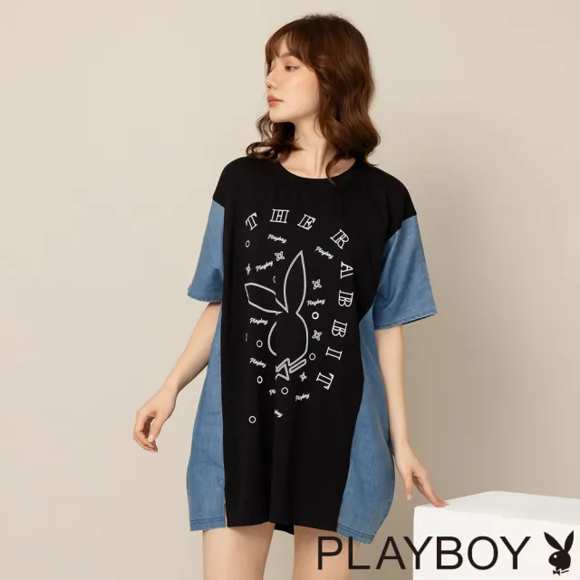 【PLAYBOY】牛仔拼接造型長上衣(黑色)