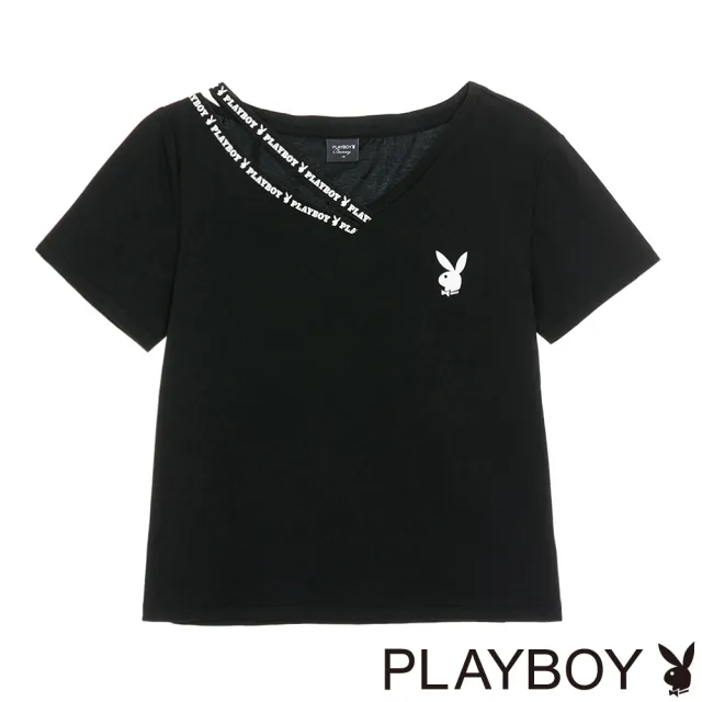 【PLAYBOY】V領個性露肩百搭上衣貨(黑色)