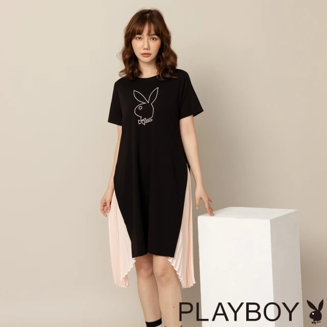 【PLAYBOY】拼接不規則百褶雪紡洋裝(黑色)