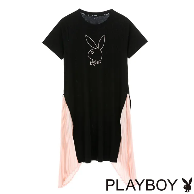 【PLAYBOY】拼接不規則百褶雪紡洋裝(黑色)