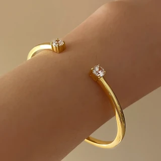 【CReAM】Yara黃銅鍍18K 金色 銀色 玫瑰金 雙鑽開口亮鑽鋯石女手環(生日 禮物 送禮 禮盒)