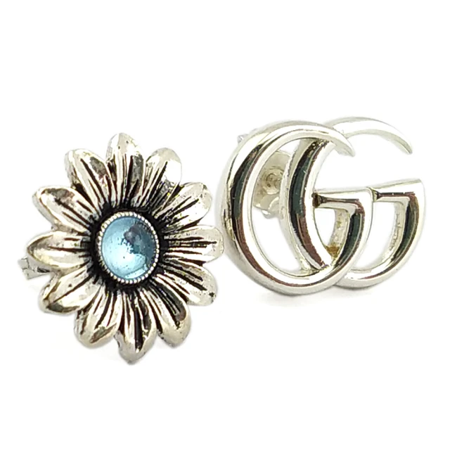 GUCCI 古馳 925純銀-雙G與藍色托帕石花朵不對稱耳環