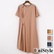 【UniStyle】短袖洋裝 原創款捏褶高端設計感  女 FA6293(藏青 舊粉 古黃)