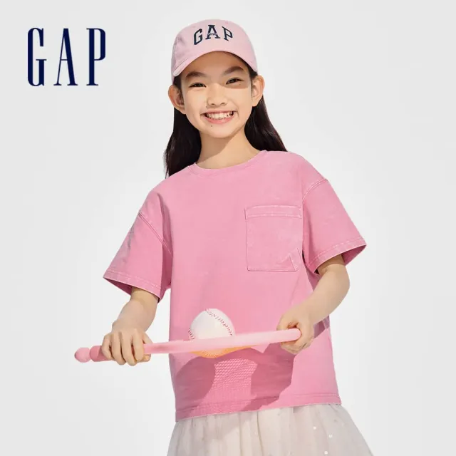 【GAP】女童裝 Logo印花圓領短袖T恤 復古水洗 厚磅密織水洗棉系列-粉色(429233)