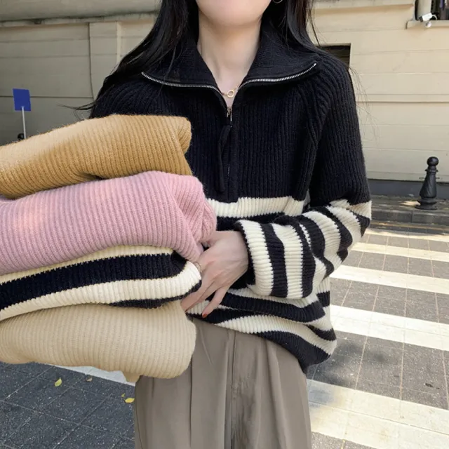 【AS 假日泳裝】女裝 高領 翻領 針織 毛衣 針織衫 條紋 長袖 上衣 衣服 冬天衣服 DR391