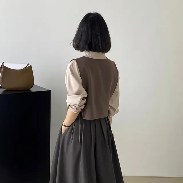 【巴黎精品】現貨+預購 長袖襯衫西裝背心 兩件套(通勤純色繫帶馬甲女裝a1cz40)