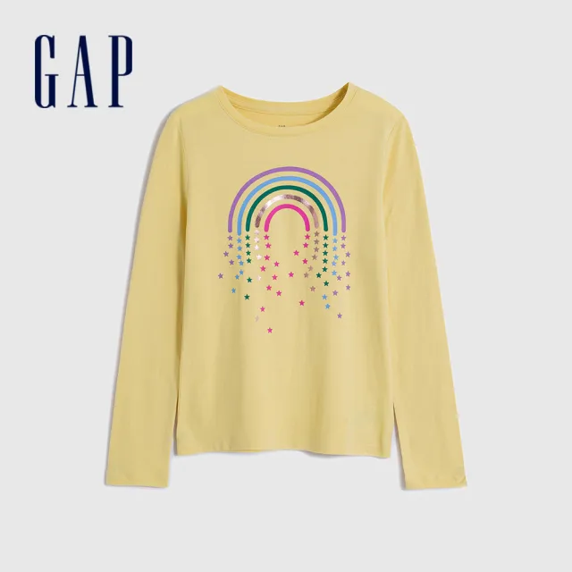 【GAP】女童裝 Logo/印花純棉圓領長袖T恤-黃色(788250)