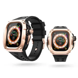 【Y24】Apple Watch 49mm 不鏽鋼防水保護殼 玫瑰金錶殼/黑錶帶