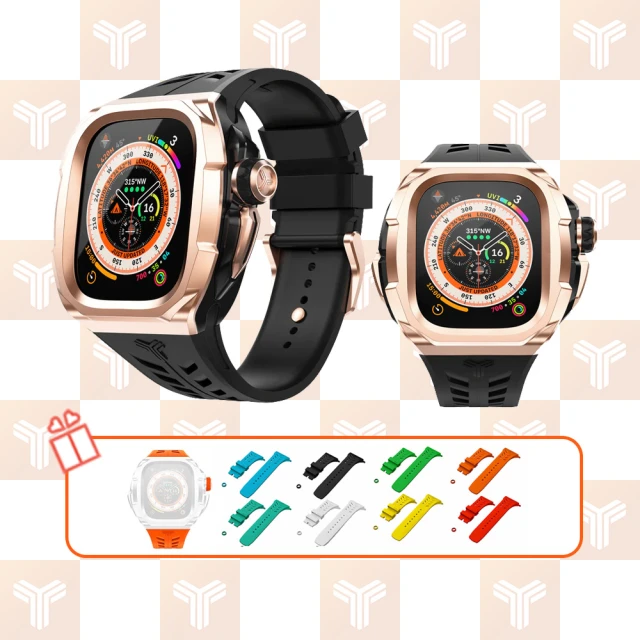 【Y24】Apple Watch 49mm 不鏽鋼防水保護殼 玫瑰金錶殼/黑錶帶