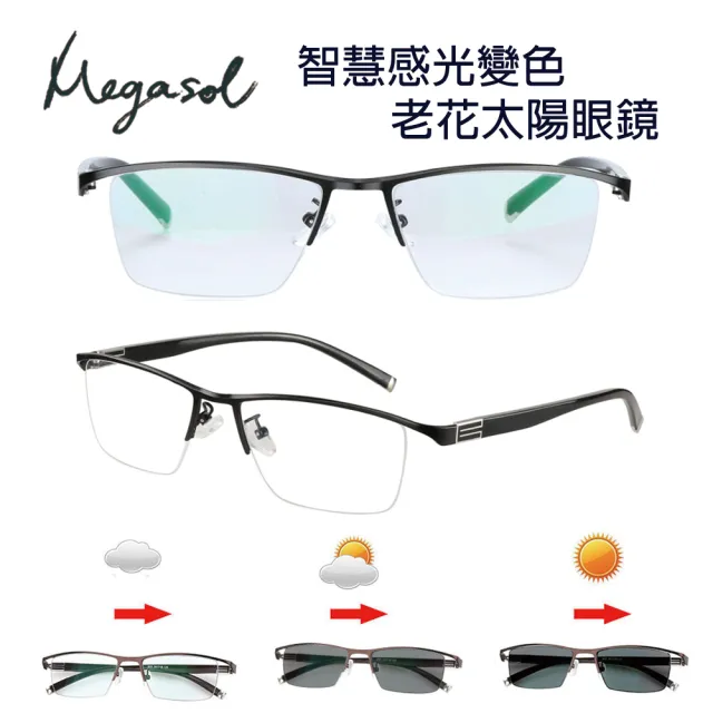 【MEGASOL】斯文青中性眉框老花眼鏡變色墨鏡太陽眼鏡(氣質書生半框-5BS-BK黑色)