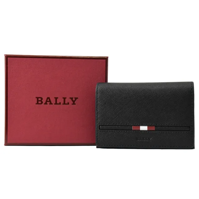 【BALLY】簡約紅白紅條紋防刮牛皮信用卡名片收納包(黑)