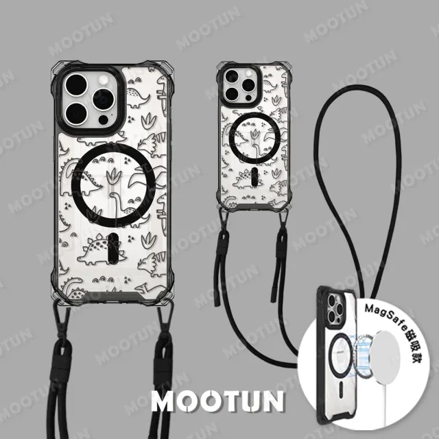 【MOOTUN沐盾】iPhone15 14 13 Pro Max 磁吸掛繩手機殼MagSafe 線條恐龍黑框(附手機掛繩)