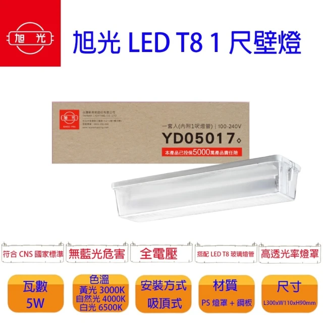 旭光 LED T8 1尺壁燈 內附燈管 1尺5W 白光 2入組(內附 白光LED燈管)