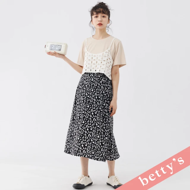 betty’s 貝蒂思 腰鬆緊時尚豹紋排釦雪紡長裙(黑色)