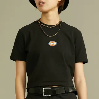 【Dickies】女款黑色重磅短版胸前經典Logo印花短袖T恤｜DK012314BLK