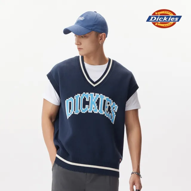 【Dickies】男款深海軍藍純棉撞色V領休閒針織背心｜DK011522CG7