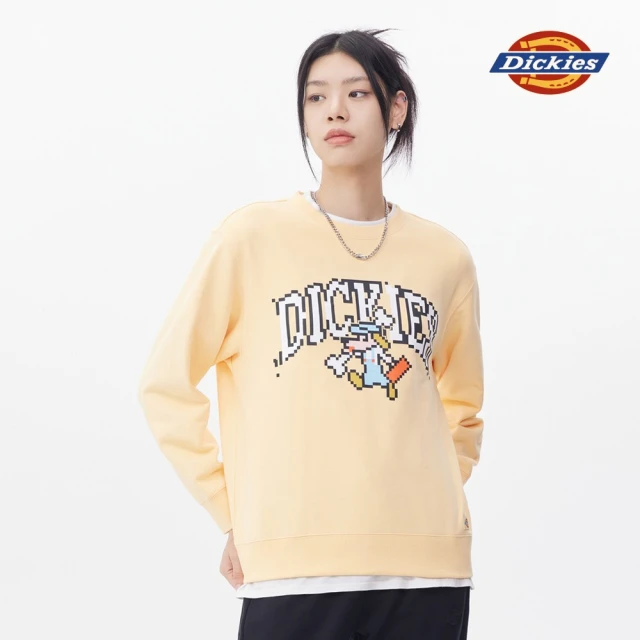 【Dickies】女款蛋糕粉黃純棉胸前像素印花休閒大學T｜DK011613E83