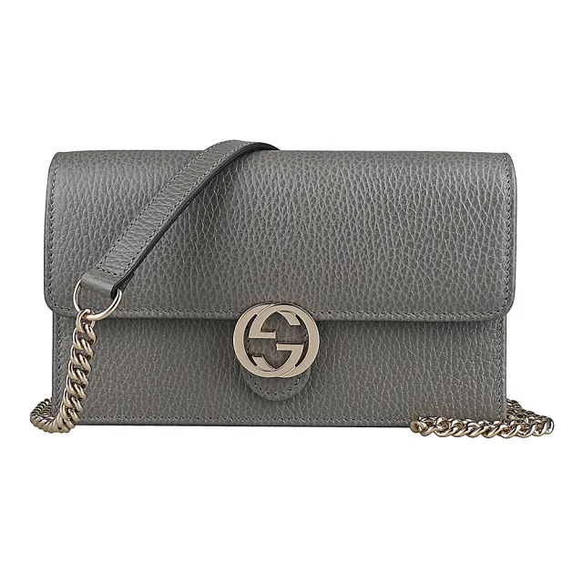 【GUCCI 古馳】經典牛皮金屬雙G LOGO鏈帶扣式斜背包(灰)