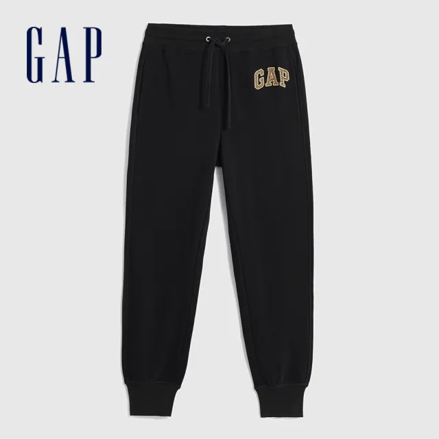 【GAP】男裝 Logo抽繩束口鬆緊棉褲 碳素軟磨法式圈織系列-黑色(841226)