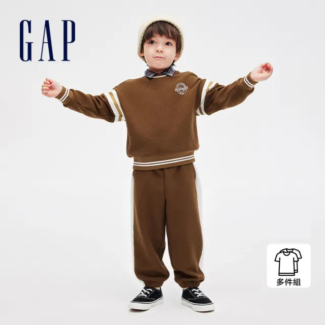 【GAP】男幼童裝 Logo印花圓領長袖長褲家居套裝-摩卡棕(857727)