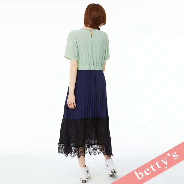 【betty’s 貝蒂思】蕾絲雪紡撞色鬆緊腰百褶洋裝(淺綠色)