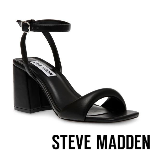 【STEVE MADDEN】BIBI 一字帶繞踝粗跟涼鞋(黑色)