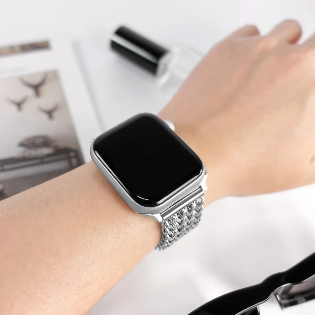 Watchband Apple Watch 全系列通用錶帶 蘋果手錶替用錶帶 立體心字 折疊扣不鏽鋼錶帶(銀色)