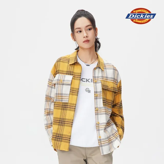 【Dickies】女款黃白格紋純棉胸前雙口袋長袖襯衫｜DK010837D81