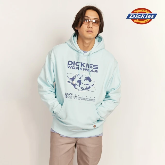 【Dickies】男款冰藍色純棉胸前大Logo印花休閒連帽大學T｜DK011038D69