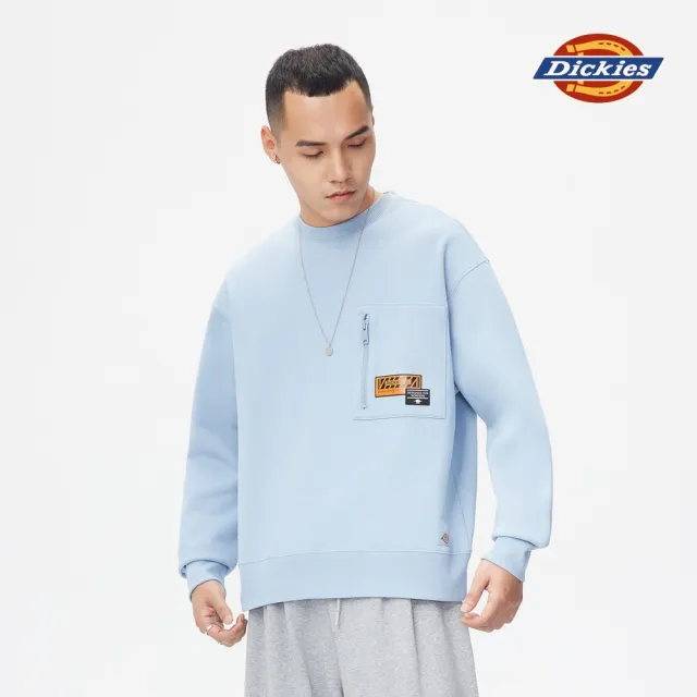 【Dickies】男款淺灰藍胸前側拉鍊口袋大學T｜DK010959C99