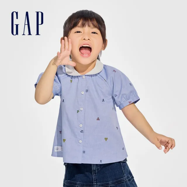 【GAP】女幼童裝 Logo純棉小熊印花翻領長袖襯衫-藍色(890350)