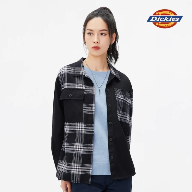 【Dickies】女款黑白格紋純棉胸前雙口袋長袖襯衫｜DK010837D82