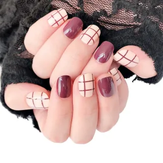 【Paula’s Nail 寶拉美甲】酒紅格紋 凝膠指甲貼片(指甲貼片 光療甲片 美甲貼片)