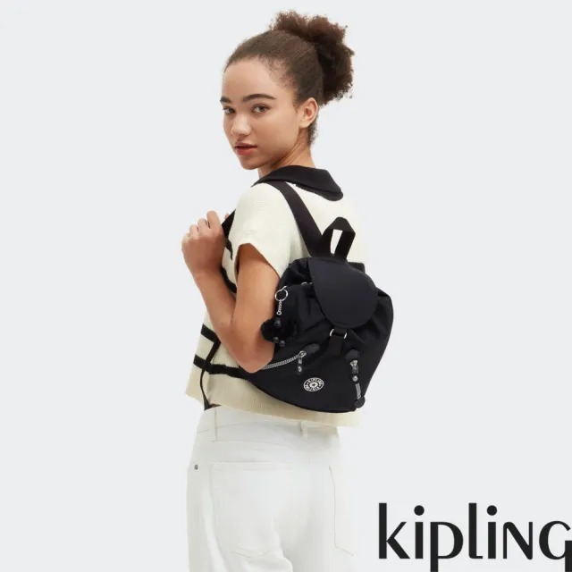 【KIPLING官方旗艦館】質感極致黑雙拉鍊實用後背包-NEW FUNDAMENTAL S
