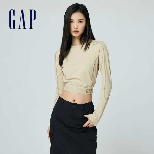GAP 女裝 Logo印花圓領長袖T恤 GapFit系列-卡其色(876159)