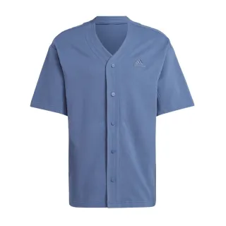 【adidas 愛迪達】M LNG Cover Q2 男 短袖 襯衫 休閒 復古 棒球風 V領 棉質 藍(IS1609)
