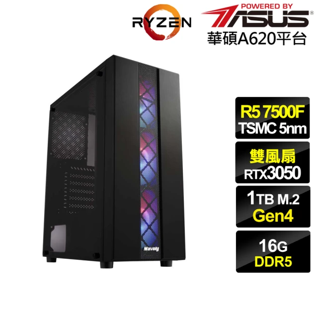 華碩平台華碩平台 R5六核GeForce RTX 3050{皇神戰士II}電競電腦(R5-7500F/A620/16G/1TB)