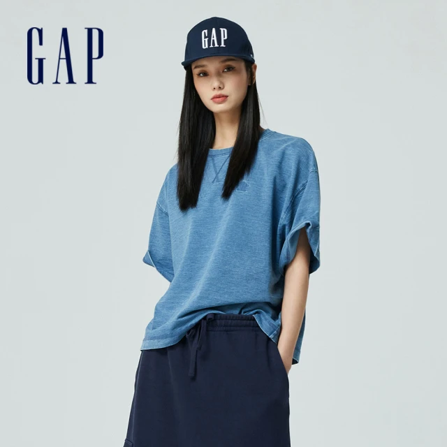 【GAP】女裝 Logo圓領短袖T恤 復古水洗 厚磅密織親膚系列-藍色(874488)