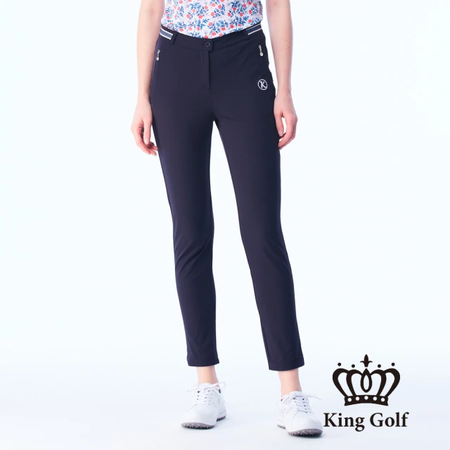 KING GOLF 實體同步款-女款立體刺繡織帶拼接舒適素面修身休閒長褲/高爾夫球褲(丈青)