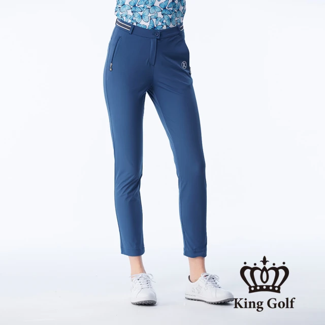 KING GOLF 實體同步款-女款立體刺繡織帶拼接舒適素面修身休閒長褲/高爾夫球褲(藍色)