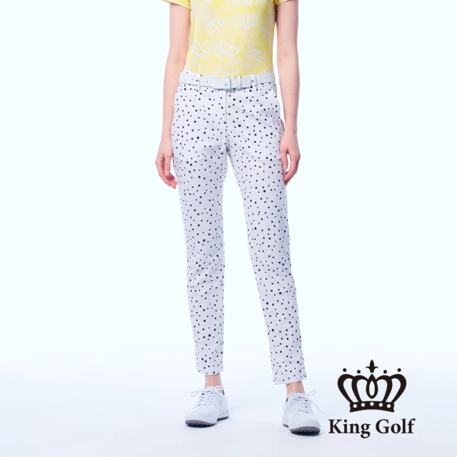 KING GOLF 實體同步款-女款立體刺繡皇冠鋁片滿版星星印圖舒適素面修身休閒長褲/高爾夫球褲(白色)