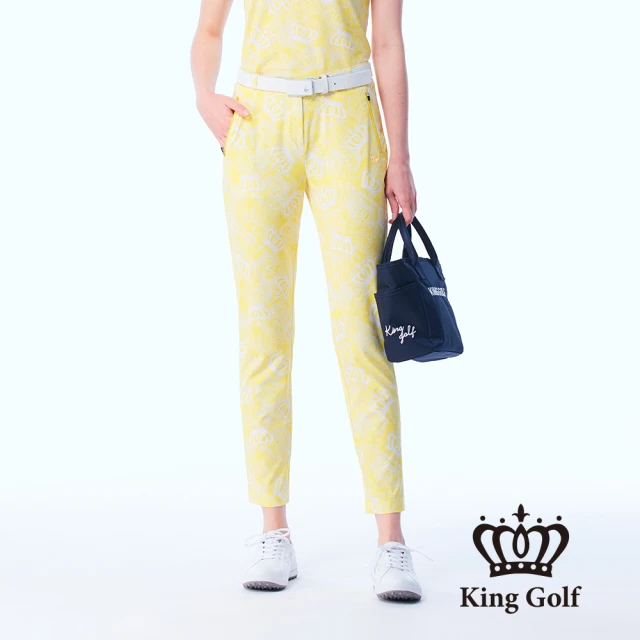 KING GOLF 實體同步款-女款立體刺繡皇冠鋁片滿版皇冠印圖舒適素面修身休閒長褲/高爾夫球褲(黃色)